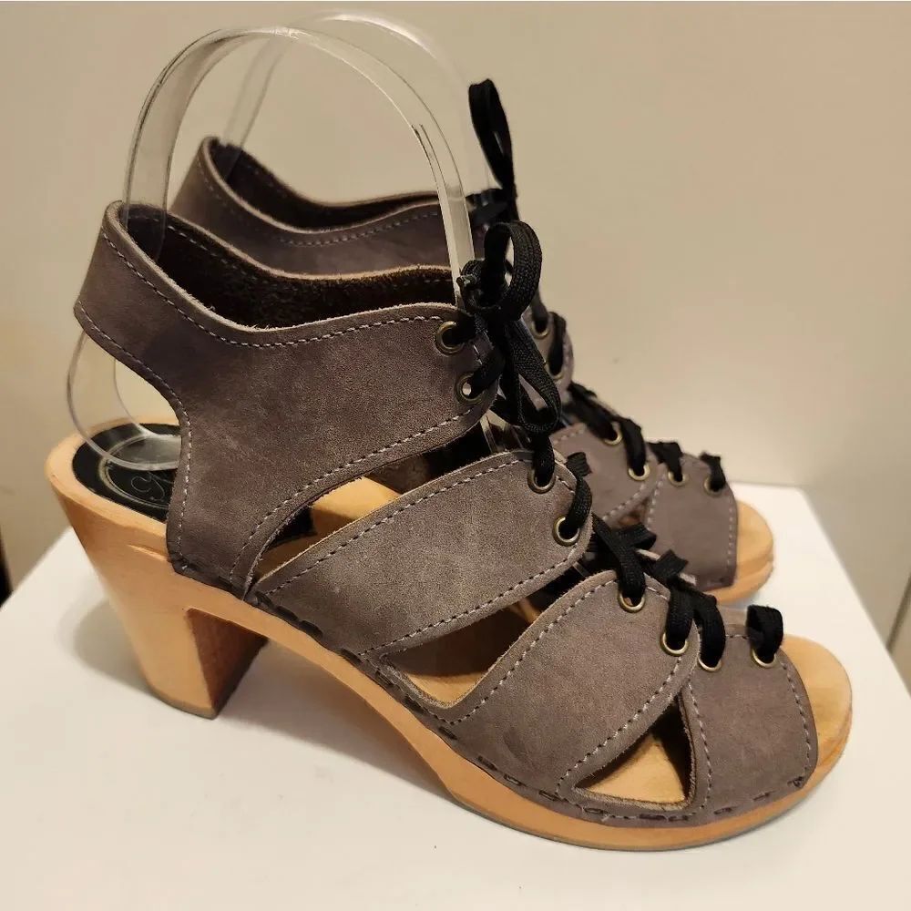 No. 6 Taupe Nubuck Leather Lace Up Corset Open Toe Wood Clogs Sz.6/36  Ret.$260